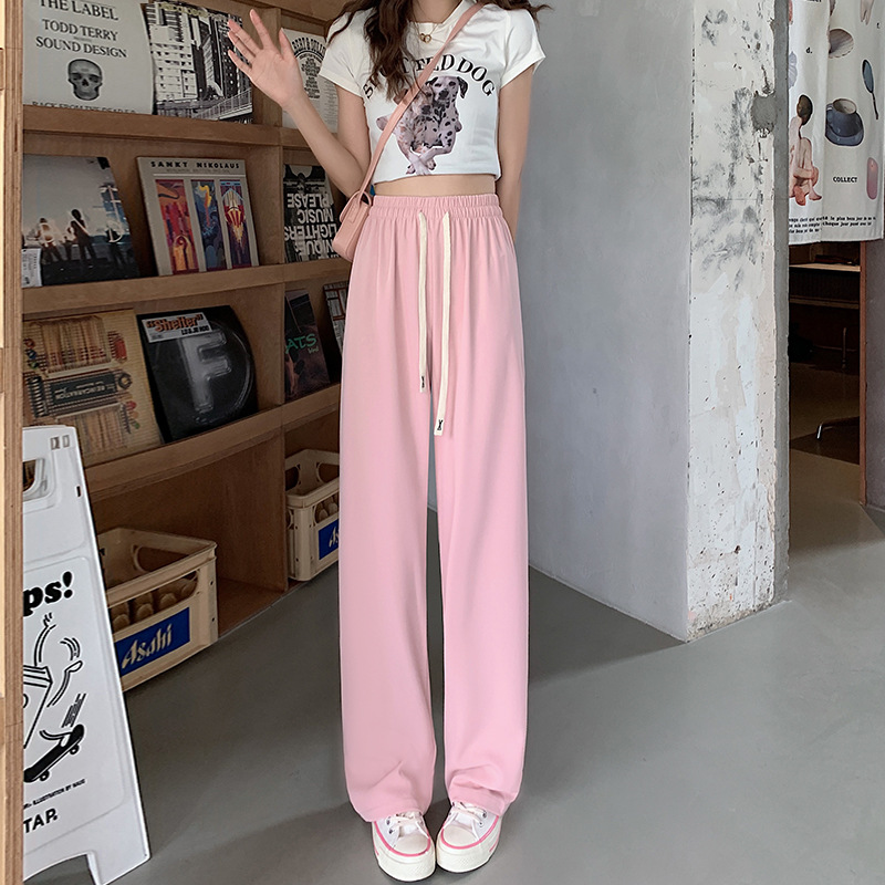 2023 Korean Style Thin High Waist Drooping Loose Straight Ice Silk Leisure Suit Wide Leg Pants Women's Trousers Mop