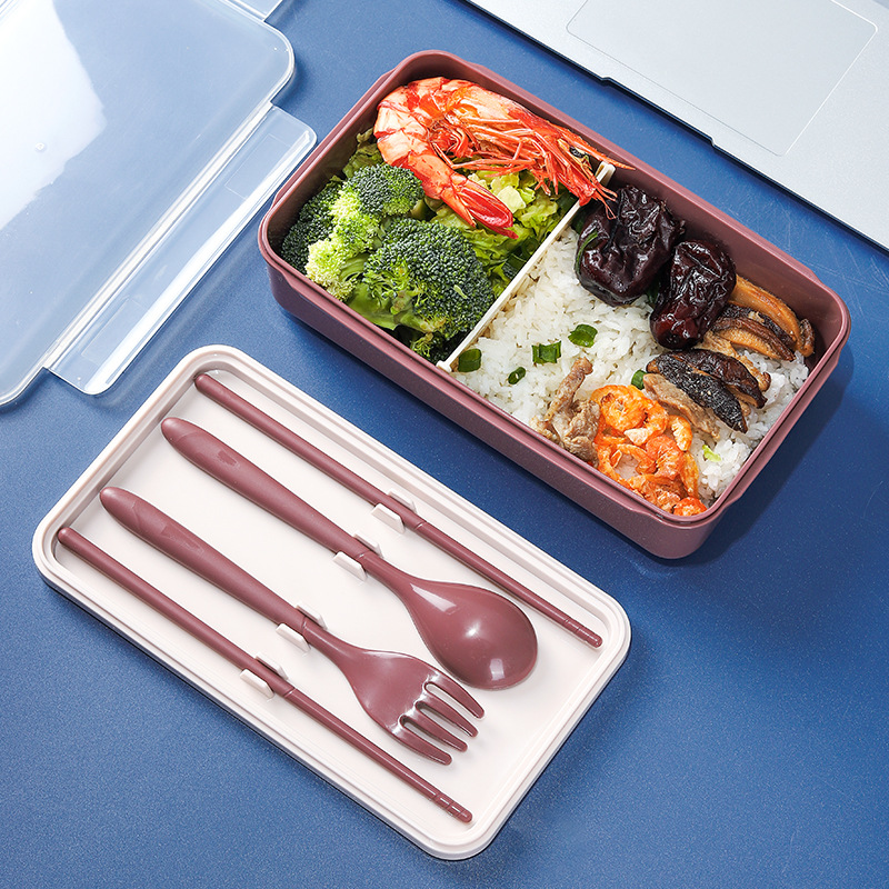 Divided Lunch Box Microwaveable Japanese Portable Plastic Three-Grid Lunch Box Student Lunch Box Spoon Fork Chopsticks Factory Wholesale