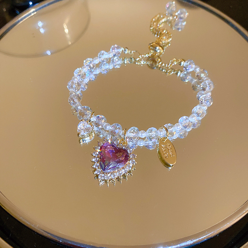 Vintage Zircon Crystal Pearl Diamond Heart Bracelet European and American Unique and Elegant High-Grade Adjustable Bracelet for Women