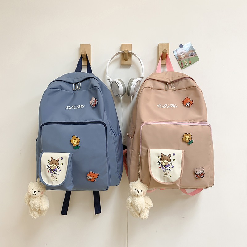 Partysu Schoolbag Female Ing Style Cartoon Pattern Backpack Pure Color Japanese Simple Junior High School Student High School Backpack