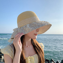 夏季新款蕾丝飘带渔夫帽简约蝴蝶结拼接防晒帽女士大沿透气遮阳帽