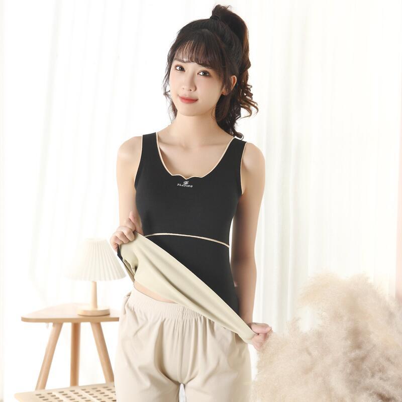 德绒背心女带胸垫吊带秋冬无痕加绒加厚发热保暖文胸一体打底内衣