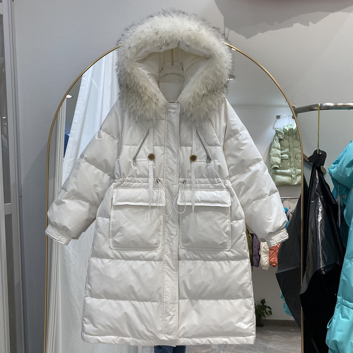 潮流中长款羽绒服2023冬季新款韩版连帽大毛领收腰保暖白鸭绒外套