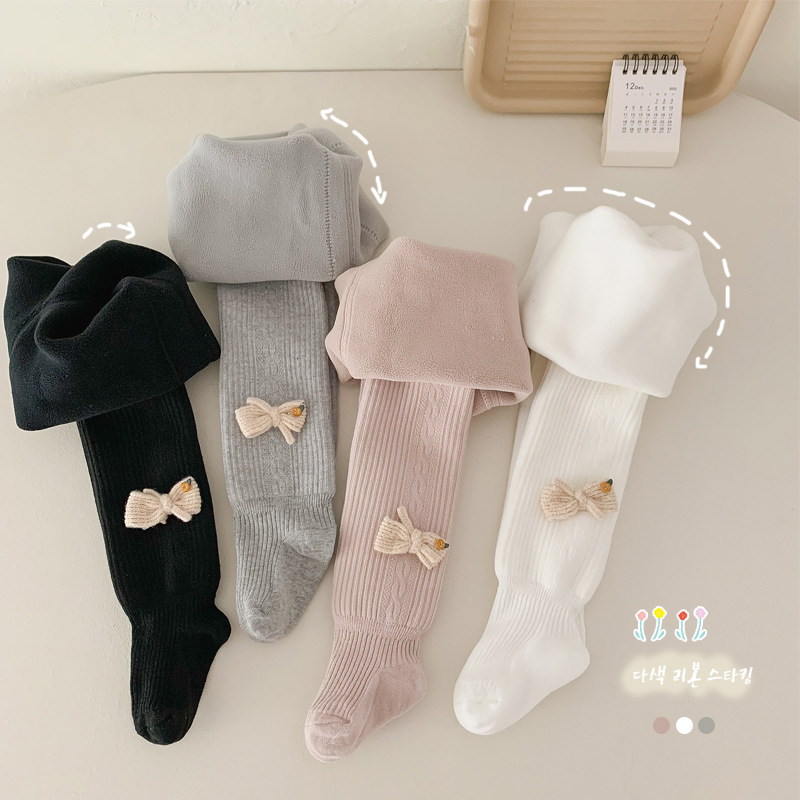 打底裤女童秋冬加厚保暖毛线蝴蝶结连裤袜儿童抗起球棉加绒一体裤