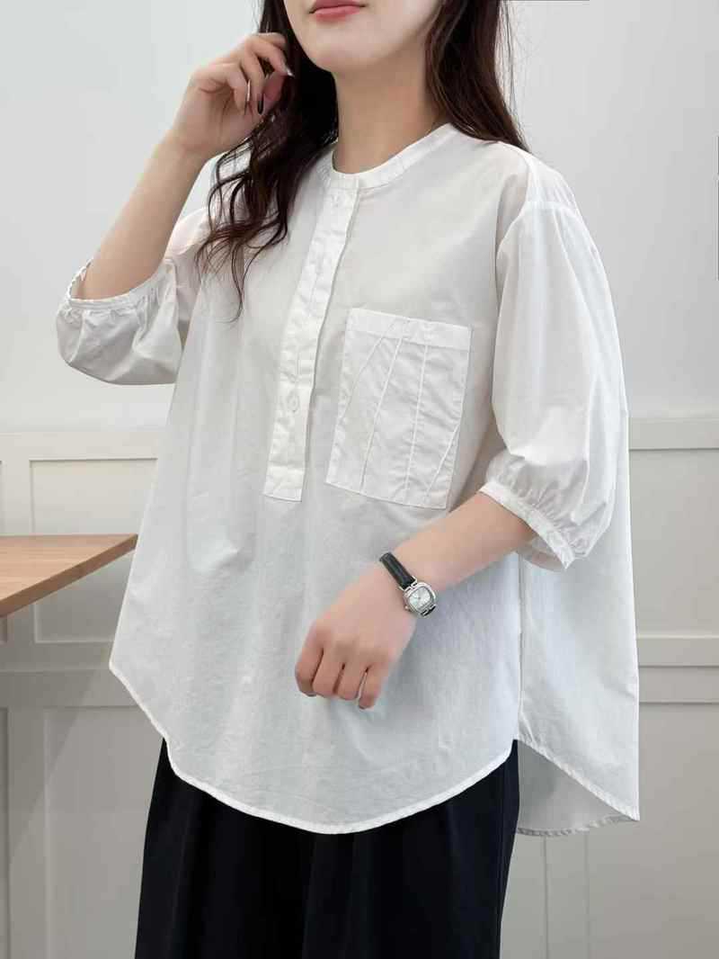 韩版新款圆领大口袋半开扣女士套头衬衫宽松上衣