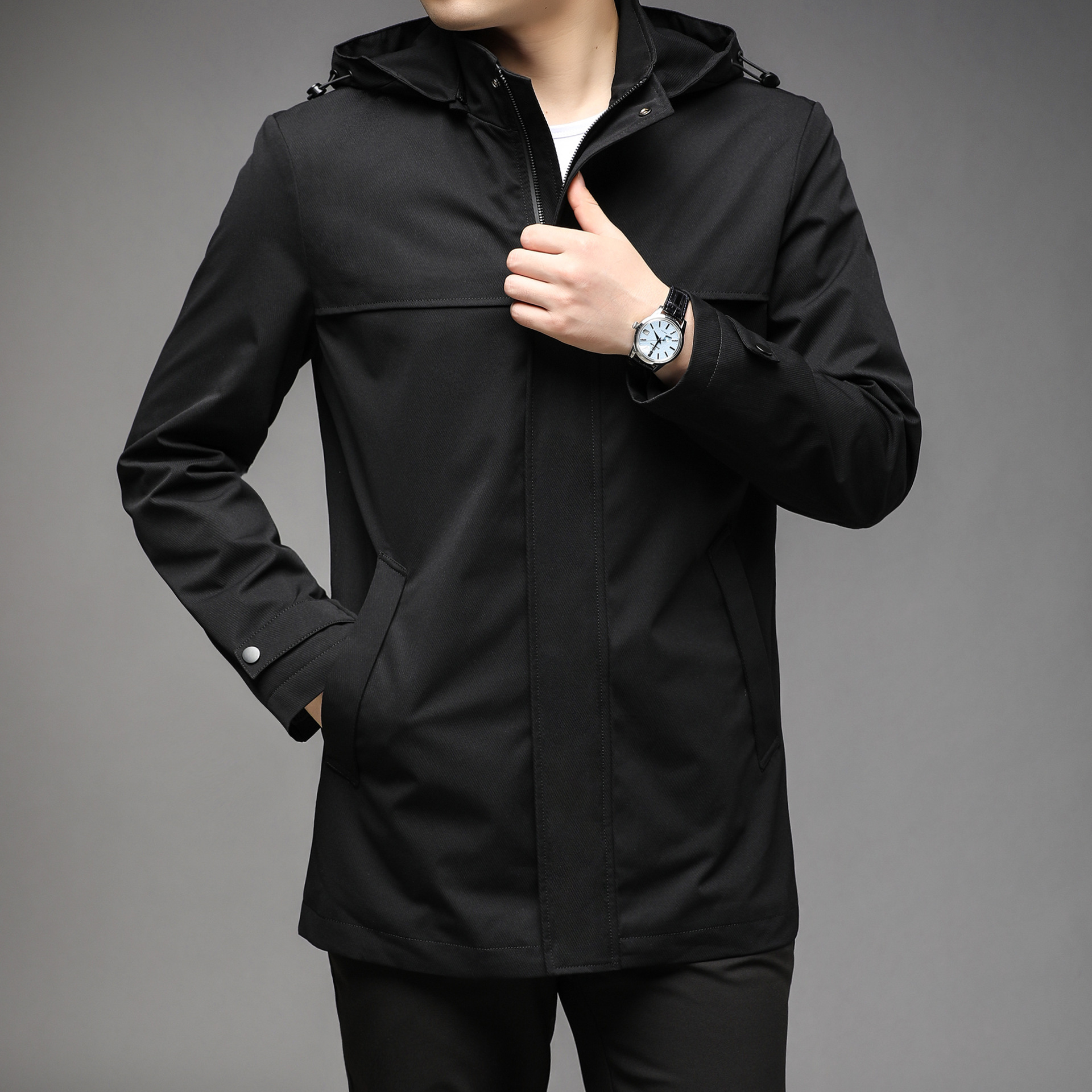 男士新款风衣拉链商务时尚春秋冬款韩版休闲连帽男式风衣外套男装