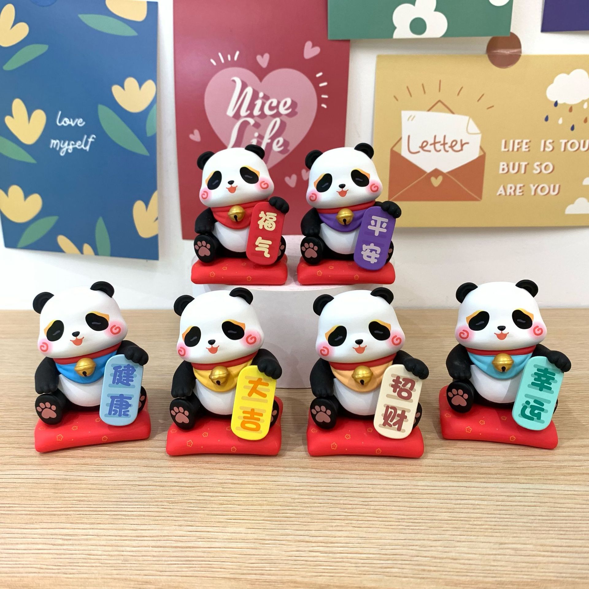 New 6 Panda Keychain Cute Cartoon Blessing Panda Doll Students' School Bag Pendant Souvenir Toy