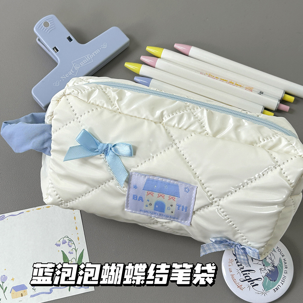 新款夏沫蓝蝴蝶结笔袋ins高颜值学生少女心大容量文具收纳化妆包