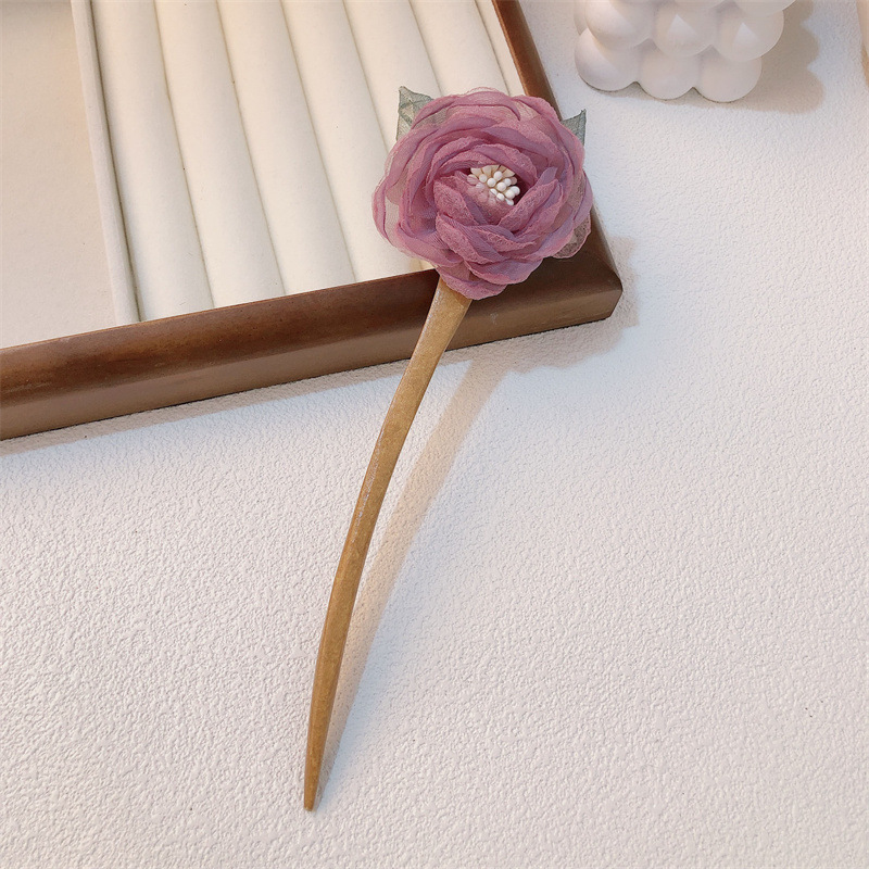 Rose Hairpin Women's Ancient Style Han Chinese Clothing Headdress Vintage Flower Wooden Hairpin Hair Accessories