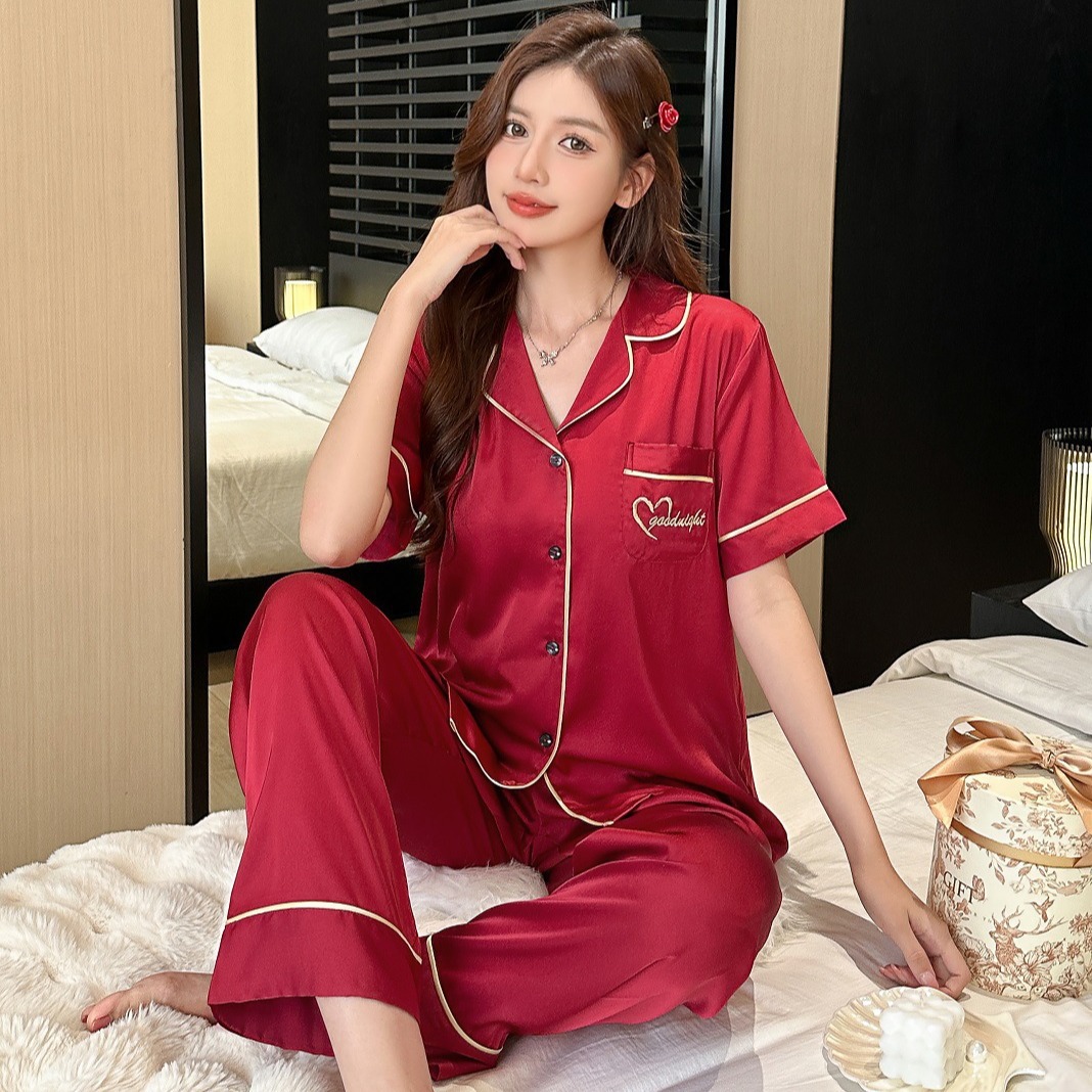 夏季女士睡衣短袖长裤红色喜庆新婚家居服本命年翻领丝绸开衫套装