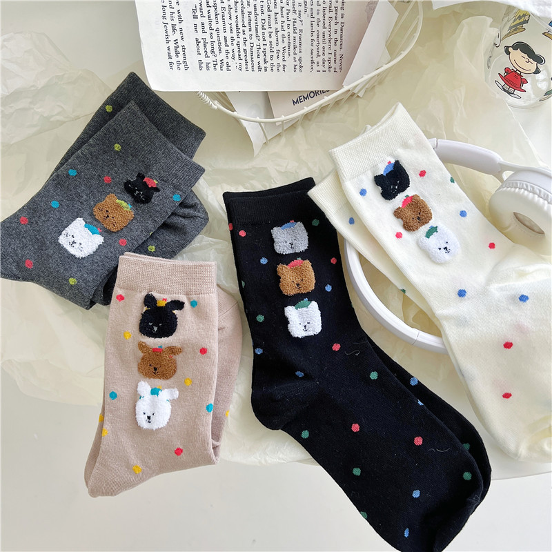 Women's Cartoon Cute Bear Socks Women's Socks Tube Socks Cotton Socks Ins Trendy Korean Style Colorful Polka Dot Long Socks Bunching Socks