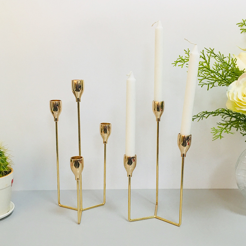 Iron Line Candlestick 3-Head 4-Head Electroplated French Gold Long Brush Holder Candle Holder Support Nordic Modern Simple Home Decoration