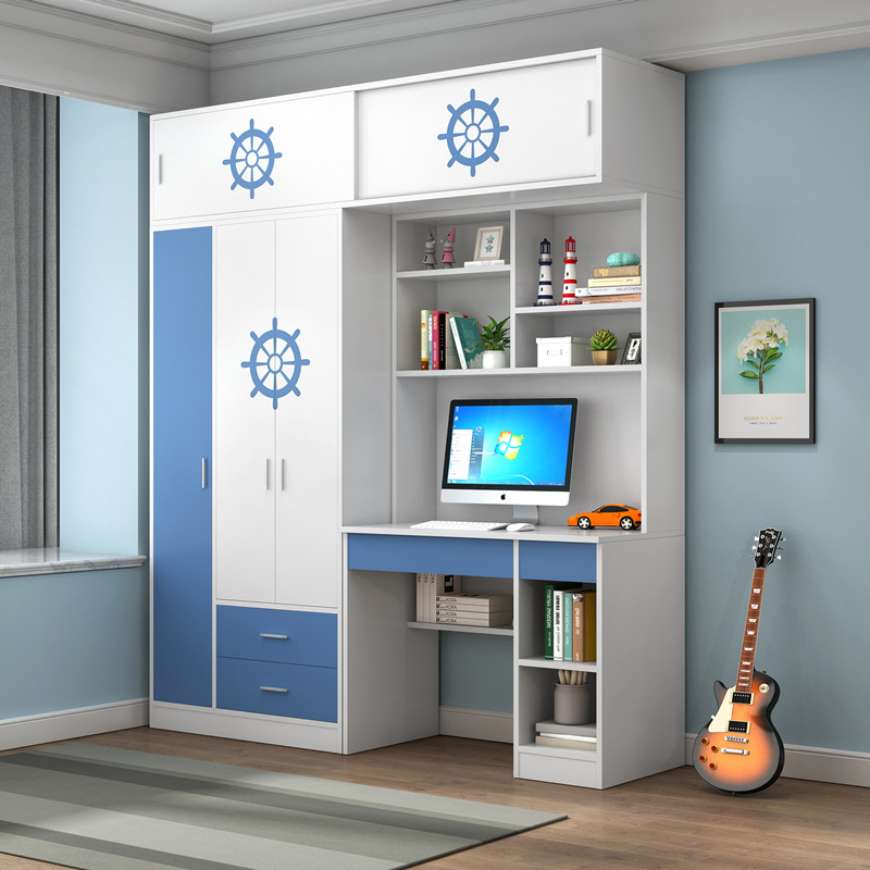 儿童房衣柜书桌一体组合学习桌储物地中海现代简约家用卧室大衣柜