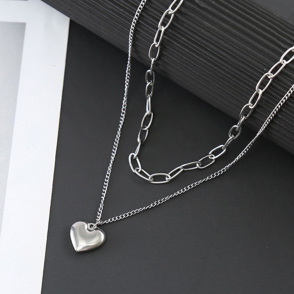 Korean Style Fashion Love Titanium Steel Necklace Versatile Three-Dimensional Love Sweater Chain Double Layer Twin Clavicle Chain Sweater Chain