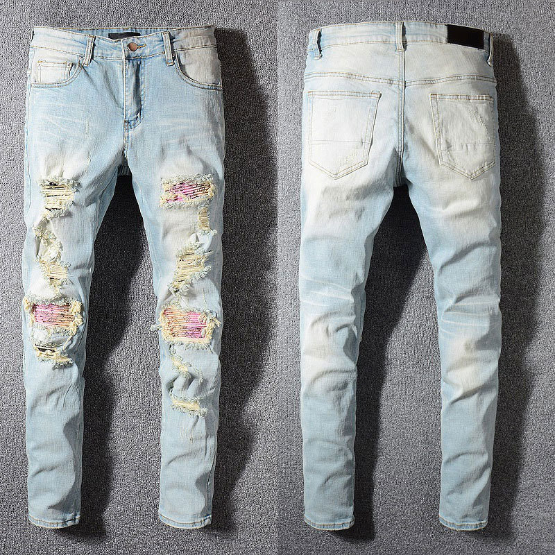 Fashion High Street New Hole & Patch Patch Scrape Fashion Brand Popular Korean Jeans Men's Slim Fit Micro Elastic Pants
