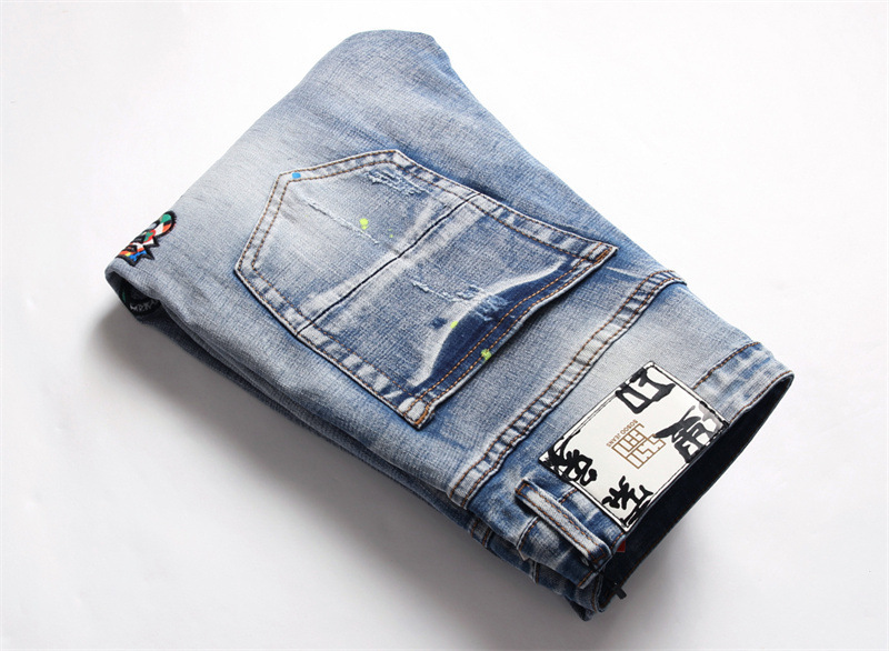   Men's Pants Autumn eisure Spot Cotton Elastic Men's Trousers Hole Patch Embroidered Skinny Jeans 3219