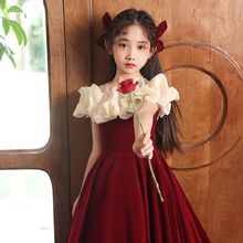 女童礼服2024春季新款红色长裙花童婚礼小女孩公主裙儿童钢琴礼服