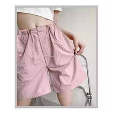 粉色工装短裤女夏季薄款高腰休闲阔腿五分裤小个子速干美式运动裤