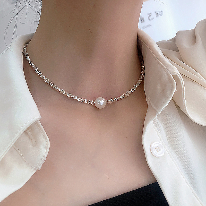 Light Luxury S925 Sterling Silver Women's Silver Pearl Necklace Women's Clavicle Chain Niche Design Ins Trendy New All-Matching