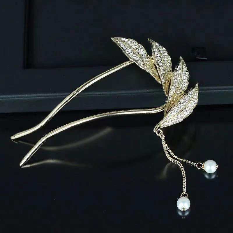 日韩ins羽毛发簪u型珍珠簪子复古仙女发叉水钻盘发器简约发卡女