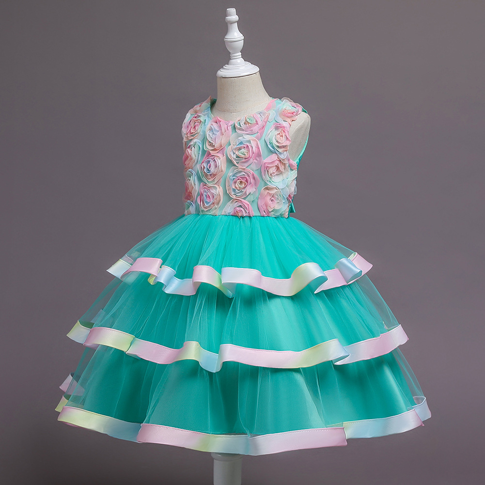 2022新款儿童礼服蛋糕裙女童网纱蓬蓬裙彩色花朵演出服送发箍