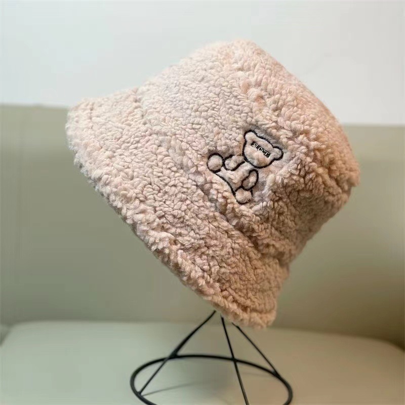 Cute Plush Bear Embroidery Warm Lamb Wool Bucket Hat Women's Autumn and Winter Warm Face Small Bucket Cap Bucket Hat