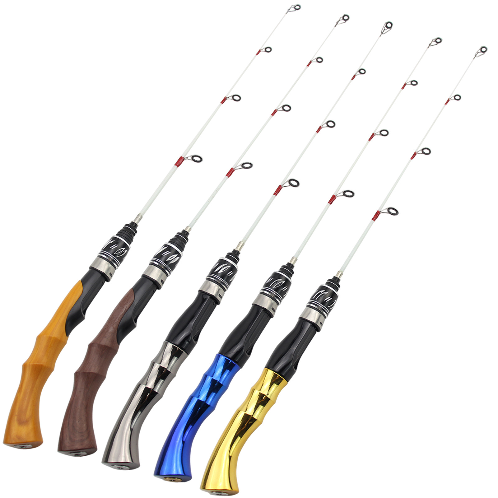 跨境代发62厘米冬季钓鱼杆弯把电镀仿木柄冰钓竿偏软竿稍船钓筏钓