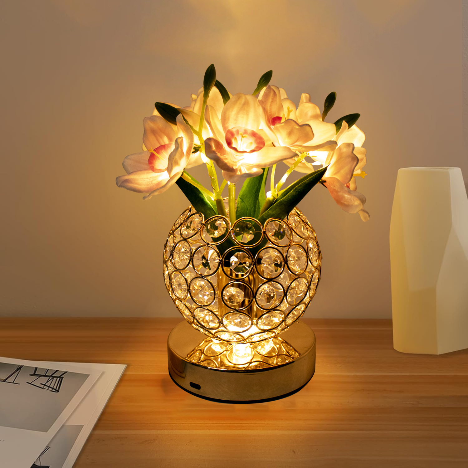 foreign trade dedicated flower pot lamp usb rechargeable touch table lamp narcissus crystal vase decoration high sense