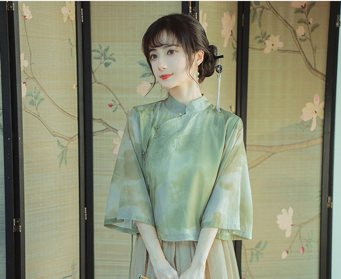 Original New Green Rose New Chinese Style Zen Tea Gown Fairy Girl Cheongsam Two-Piece Skirt Improved Hanfu Summer