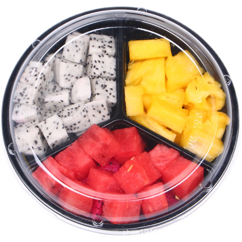 鲜果切拼盘盒子水果沙拉打包盒圆形有盖塑料盒子一次性果切盒子