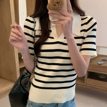 大码女装夏季条纹冰丝针织衫正肩短袖T恤胖mm显瘦Polo领短款上衣