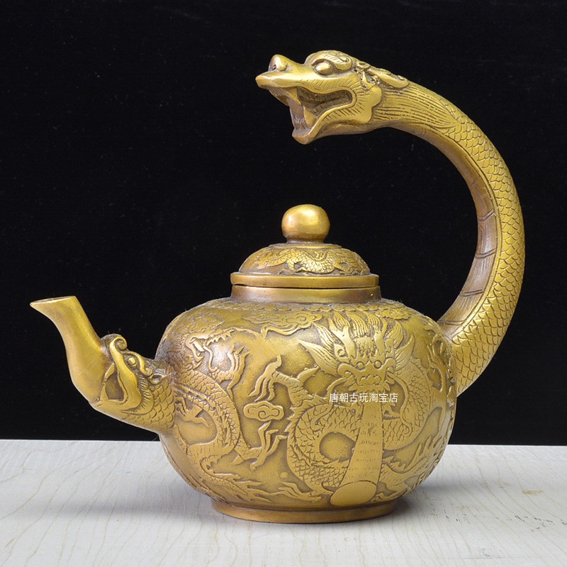 古董铜器古玩收藏摆件清代宫廷龙纹铜壶纯铜手提壶铜铸复古老包浆