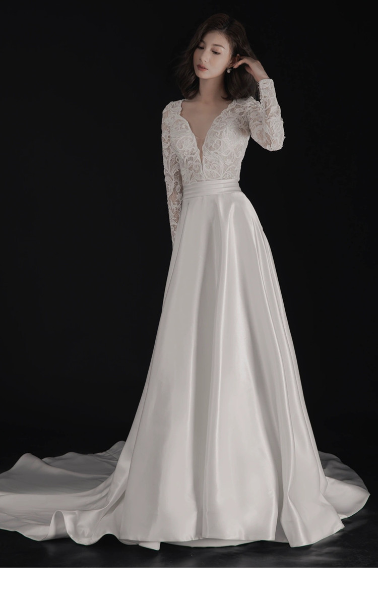 婚纱2022新款新娘结婚拖尾气质白色长袖法式缎面蕾丝显瘦简约礼服