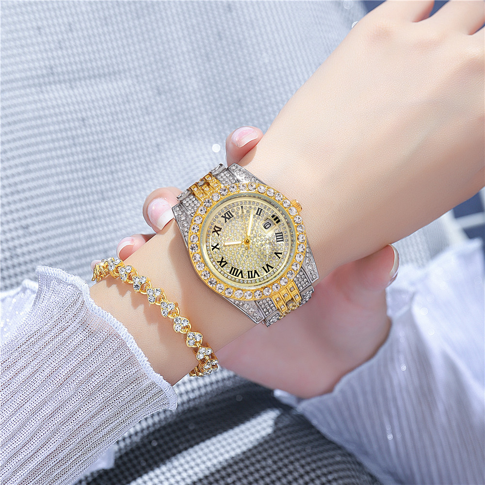 时尚镶钻间金表带女士手表 欧美大表盘日历水钻石英手腕表女watch