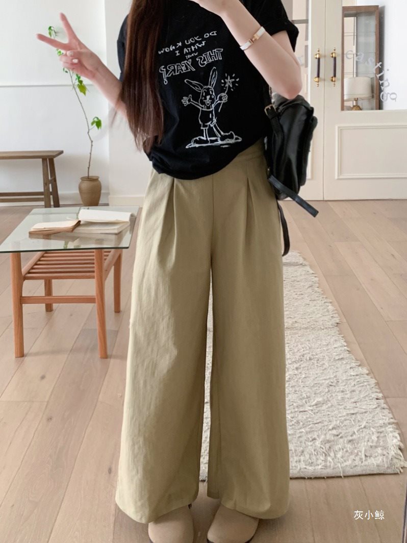夏季新款女装卡其色直筒长裤复古高腰休闲裤宽松阔腿女裤时尚裤子