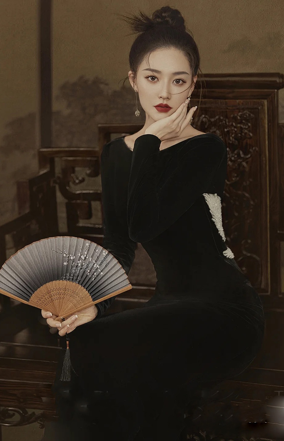 新款影楼情侣主题拍照摄影写真秋冬黑色绒服韩式风格清新婚纱礼服