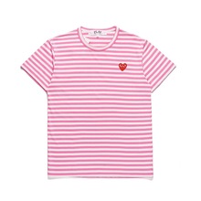 HEYPLAY日系潮牌爱心粉色条纹短袖T恤宽松型圆领纯棉情侣款打底衫