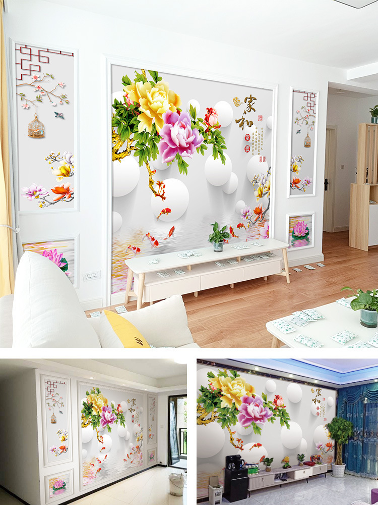 中式18d电视背景墙壁纸2021年新款牡丹8d凹凸立体壁画客厅墙布