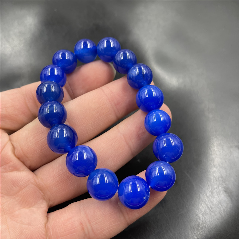 万玉批发 12毫米蓝色玉髓玛瑙圆珠手链 手串