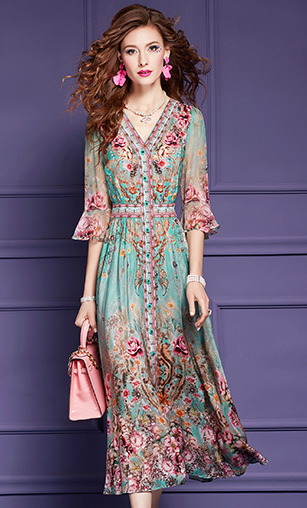 菲梦伊100桑蚕丝印花连衣裙女夏季民族风复古重磅双绉真丝长裙子