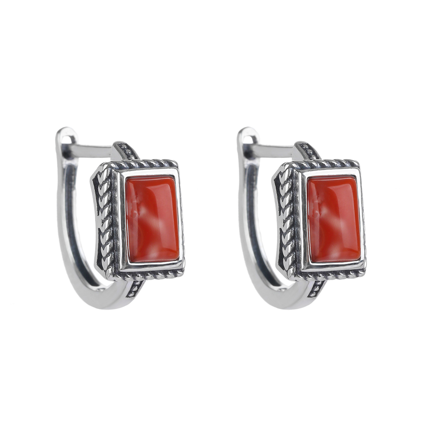 Natural Nine-Mouth Material South Red Ear Pin Ear Clip Crystal Rectangular Earrings S925 Silver Inlay Earrings New Chinese Style Earrings