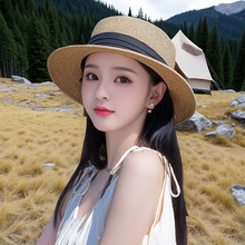 法式复古草编帽子女夏季2025新款草帽户外遮阳防晒平顶太阳礼帽潮