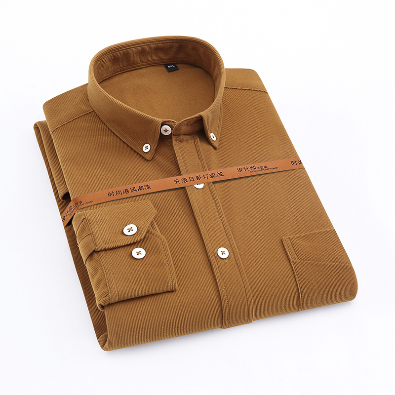 2022 Spring New Men's Long-Sleeved Shirt Corduroy Business Casual Shirt Middle-Aged and Elderly Korean Style Bottoming Slim Fit