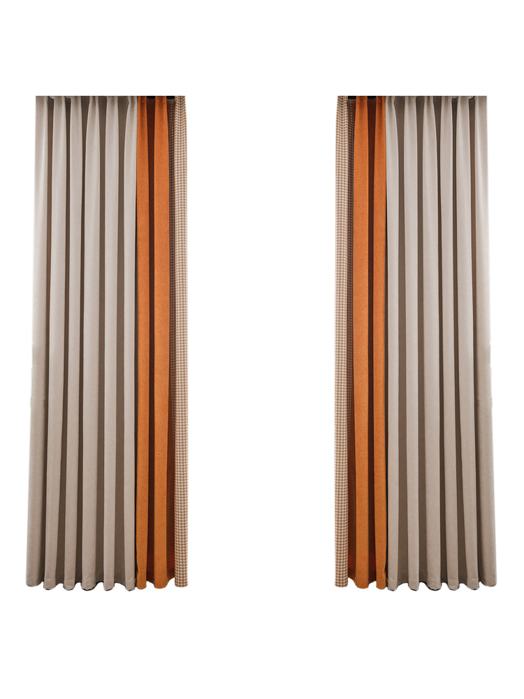 橙色拼接窗帘新款橘色千鸟格民宿客厅卧室遮光帘雪尼尔高克重布帘