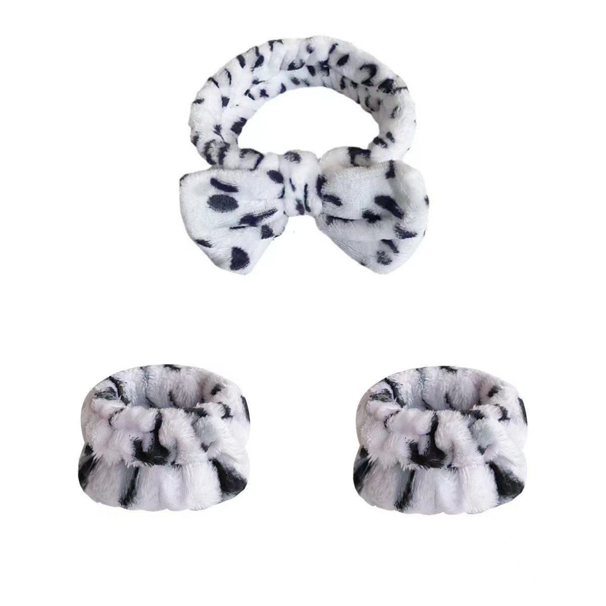 Europe and America Cross Border Leopard Dot Bow Hair Band Wrist Strap Set Women's Face Wash Hair Bands Flannel Absorbent Wrist Strap