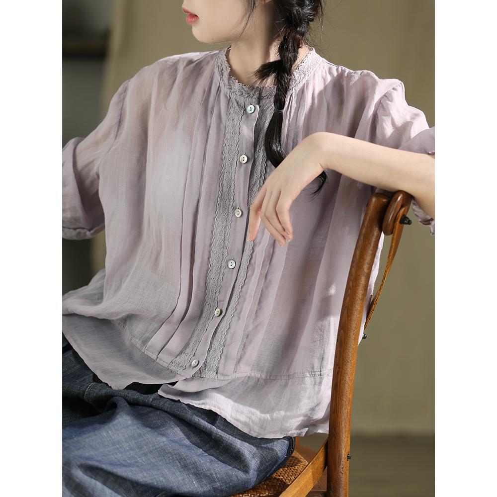 gjcp 100%苎麻轻薄透气花边短袖衬衫女 夏季新款圆领松弛感上衣