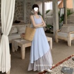 厂家直销吊带背心连衣裙女假两件紫色夏多巴胺旅游十三行海边