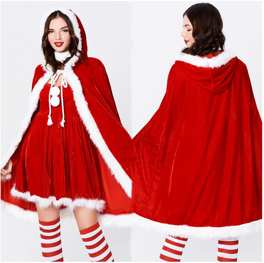 新品欧美红色圣诞装披风式圣诞表演服圣诞舞台装圣诞服角色扮演服