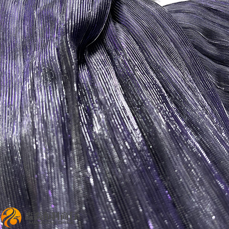 电光夏季网纱 蓝紫色压皱折百褶布料 极光幻彩肌理透视欧美风面料