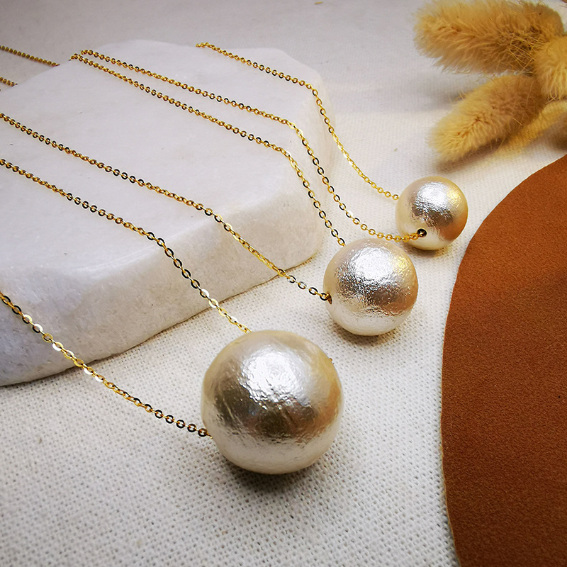 银唯美s925银单颗超大棉花珍珠项链锁骨珍珠项链女复古优雅大项链